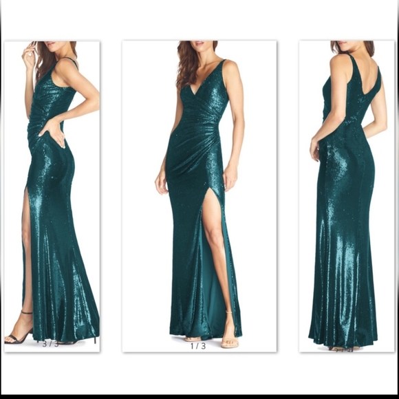 Dress the Population Dresses & Skirts - Dress the Population Jordan Green Sequin Maxi Mermaid Gown Vneck Size Small